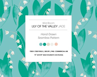 Hand-Drawn Floral Seamless Pattern, Wild Bloom, Lily of the Valley, Jade (PNG)