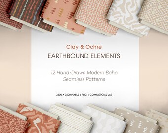 12 Boho Seamless Pattern Bundle, Hand-Drawn Earthy Digital Paper PNG, Abstract Organic Surface Design, Fabric Print, Aesthetic Background