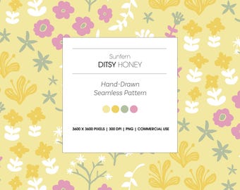 Ditsy Hand-Drawn Seamless Pattern, Digital paper, Yellow (PNG)