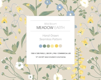 Hand-Drawn Floral Seamless Pattern, Wild Bloom, Meadow Earth (PNG), Rosepond Design, Hanna Ruusulampi