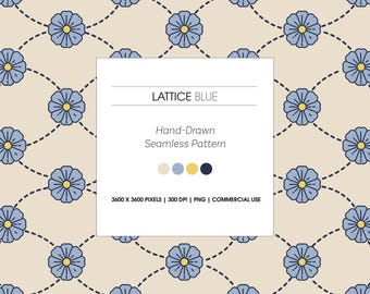 Hand-Drawn Seamless Floral Pattern, Digitalpaper, Lattice Blue (PNG)