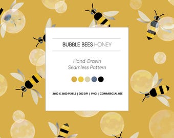 Bubble Bees Hand-Drawn Seamless Pattern, Digital paper, Honey, Yellow (PNG), Rosepond Design, Hanna Ruusulampi