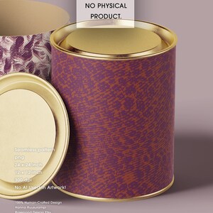 May include: A cylindrical container with a purple and orange patterned design, gold trim, and a gold lid. The text on the image reads "DIGITAL FILE ONLY. NO PHYSICAL PRODUCT." and "Seamless pattern png 24 x 24 inch 12 x 12 inch 300 dpi No AI Used in Artwork!"