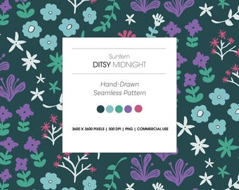 Ditsy Hand-Drawn Seamless Pattern, Digital paper, Midnight (PNG)