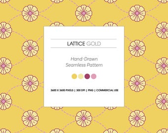 Hand-Drawn Seamless Floral Pattern, Digitalpaper, Lattice Gold (PNG)