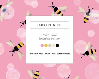 Bubble Bees Hand-Drawn Seamless Nursery Pattern, Digital paper, Pink (PNG), Rosepond Design, Hanna Ruusulampi