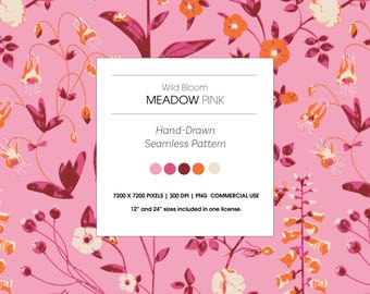 Hand-Drawn Floral Seamless Pattern, Wild Bloom, Meadow Pink (PNG)