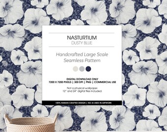 Large Scale Dusty Blue Nasturtium Seamless Pattern, 24x24 Linocut Floral Digital Paper, Light Blue Jumbo Wallpaper Surface Design PNG