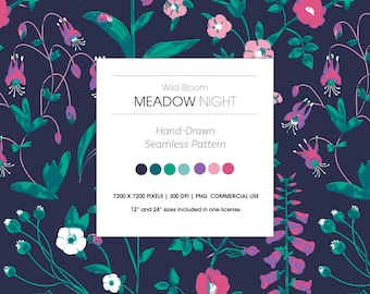 Hand-Drawn Floral Seamless Pattern, Wild Bloom, Meadow Night (PNG), Rosepond Design