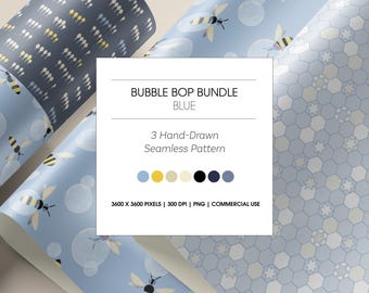 Hand-Drawn Bee and Bubble Seamless Pattern, 3 Digital Papers PNG, Geometric Honeycomb Star Print, Organic Shapes Surface Design