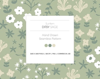 Ditsy Hand-Drawn Seamless Pattern, Digital paper, Green (PNG)