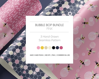 Pink Soap Bubble & Bee Seamless Pattern Bundle, Geometric Honeycomb Digital Paper, Hand-Drawn Star Print, Organic Textile PNG, Rosepond