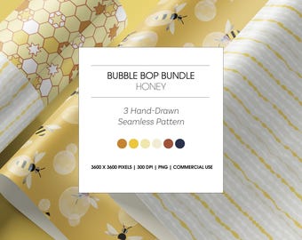 Honey Yellow Bee & Bubble Seamless Pattern Bundle, Geometric Honeycomb Digital Paper, Hand-Drawn Star Print, Organic Textile Design PNG