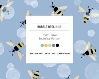 Bubble Bees Hand-Drawn Seamless Pattern, Digital paper, Honey, Blue (PNG), Rosepond Design, Hanna Ruusulampi