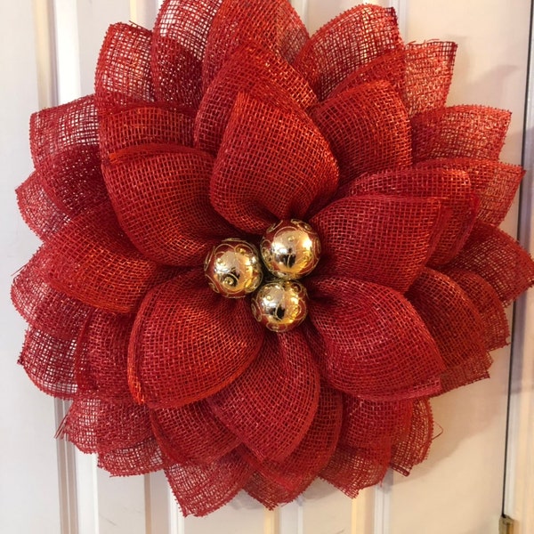 Christmas wreath, Christmas flower poinsettia flower wreath, Screen door wreath, poly burlap flower