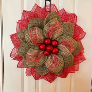 Christmas wreath, Pointsettia wreath, poly burlap flower, screen door wreath, front door decor