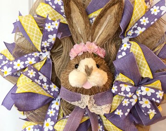 Easter wreath, Purple Sisal bunny decor, Easter decor, holiday decor, screen door wreath