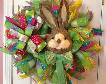 Easter wreath, sisal Bunny decor, holiday wreath, front door wreath