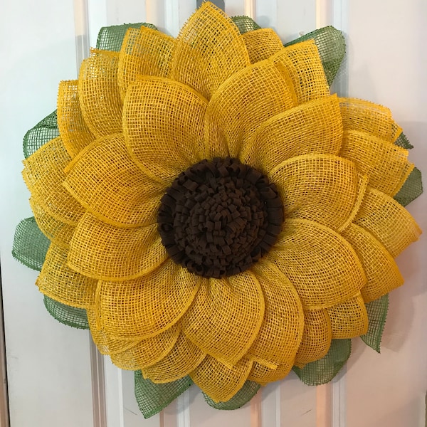 Poly burlap wreath, Yellow sunflower, everyday wreath, poly burlap flower, Screen door wreath, front door decor