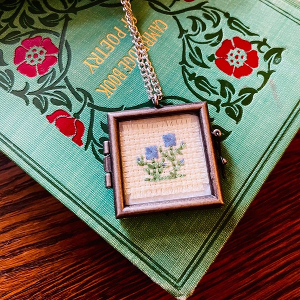 Blue Thistle - Cross Stitch - Woodland Floral Highland Country Botanical - Pendant Shadow Box Locket - Necklace