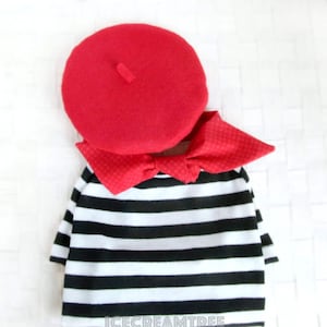 French Look Outfit Set Pet Beret Hat, Red Scarf, Black White Striped T-shirt, Cat Beret Hat Set, Dog Beret Hat Set, Birthday Photo Gift image 1