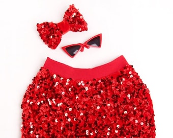 Sparkle Red Sequin Party Outfit Set - Pet Sequin Top Outfit, Velvet Sequin Dress, Headband, Dog Cat Birthday Party Outfit Christmas Gift