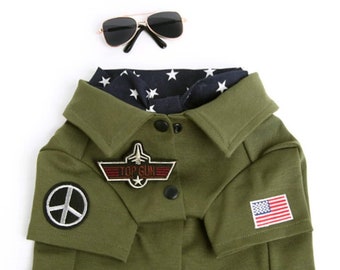 Top Gun Look Outfit Set - Pet Fighter Pilot Outfit, Navy Patriotic Scarf, Military Green Shirt, Dog & Cat, Aviator, Birthday Holiday Gift