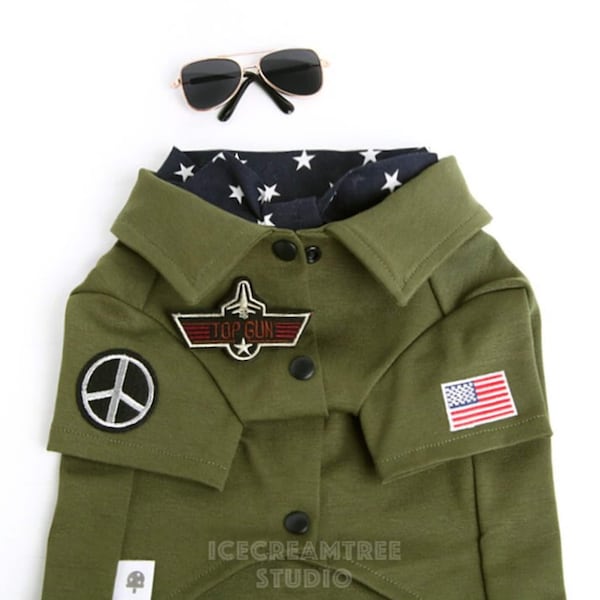 Top Gun Look Outfit Set - Pet Fighter Pilot Outfit, Navy Patriotic Scarf, Military Green Shirt, Dog & Cat, Aviator, Birthday Holiday Gift
