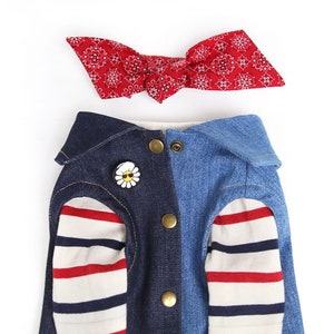 All American Look Outfit Set - Pet Denim Outfit, Denim Vest, Bandana Scarf, Red Blue Stripe Tshirt, Dog & Cat Costume,Birthday Gift