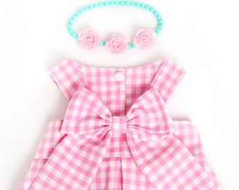 Pink Gingham Dress Outfit Set - Pet Pink Dress, Flower Necklace, Pink Visor Hat, Dog Cat Costume, Halloween Party, Cute Birthday Photo Gift