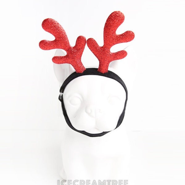 Holiday Antler Headband, Reindeer Headband, Red Brown Glitter Pet Head Bands Photo Prop, Dog & Cat Accessories - Christmas Gift