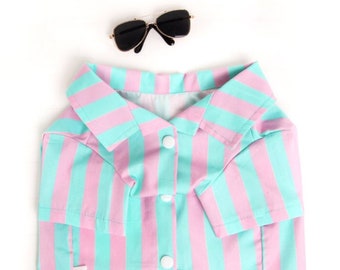 Pink Mint Striped Shirt Outfit Set - Pet Pink Mint vertical striped, Aviator Sunglasses, Visor Hat, Dog Cat Costume, Birthday Photo Gift