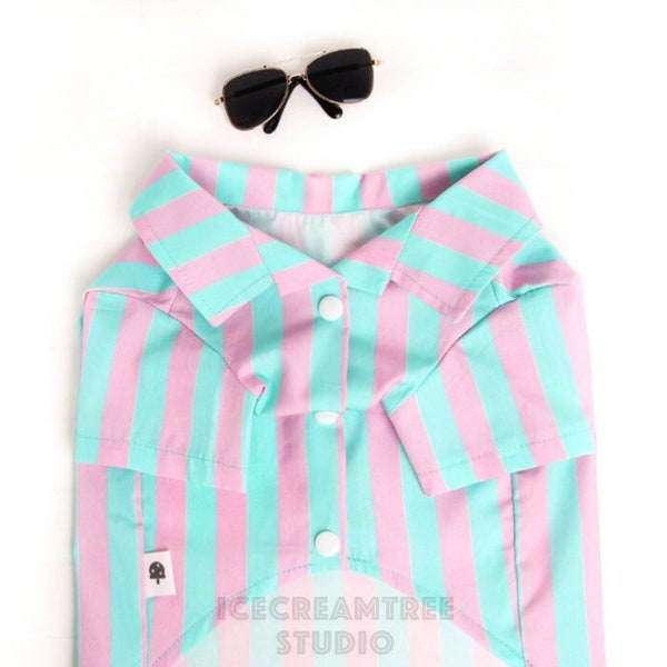 Pink Mint Striped Shirt Outfit Set - Pet Pink Mint vertical striped, Aviator Sunglasses, Visor Hat, Dog Cat Costume, Birthday Photo Gift