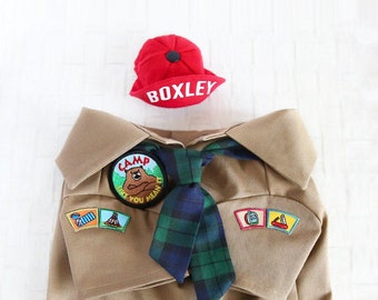 Adventure Look Outfit Set - Pet Camping Outfit, Safari Hat, Plaid Tie Scarf, Khaki Safari Shirt, Dog & Cat Outfit, Halloween Costume
