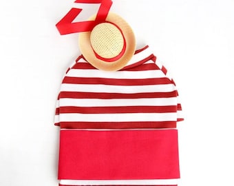 May include: Red and white striped shirt with a red collar and a red band at the bottom. A straw hat with a red ribbon is on top of the shirt. The text "ICECREAMTREE STUDIO" is printed on the bottom band of the shirt.