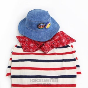 Urban Tourist Look Outfit Set - Pet Denim Bucket Hat, Bandana Scarf, Vintage Red Blue Stripe Tshirt, Dog & Cat Casual Outfit, Birthday Gift