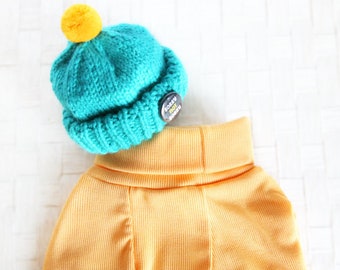 Yellow Corduroy Turtleneck Top - Turtleneck Sweater, Turquoise Beanie, Turtleneck Knit Top, Holiday Birthday Photo Gift