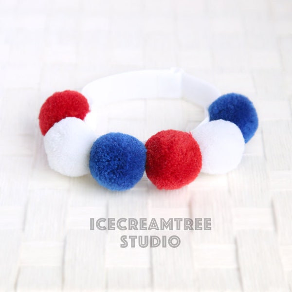 Red White Blue PomPom Elastic Pet Collar, Pet Pom Pom Collar Necklace, Pet Head Band, Dog & Cat Neck Collar Accessories