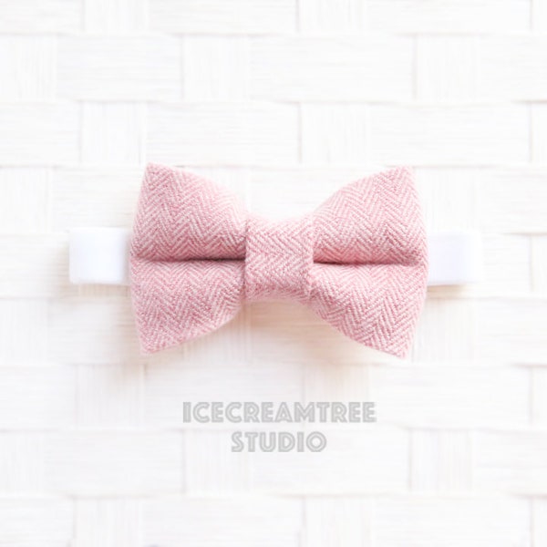 Flannel Soft Pink Herringbone Bow Tie - Bow Tie Elastic Pet Collar, Dog Bowtie Collar, Cat Bowtie Collar, Pet Collar Necklace, Soft Elastic