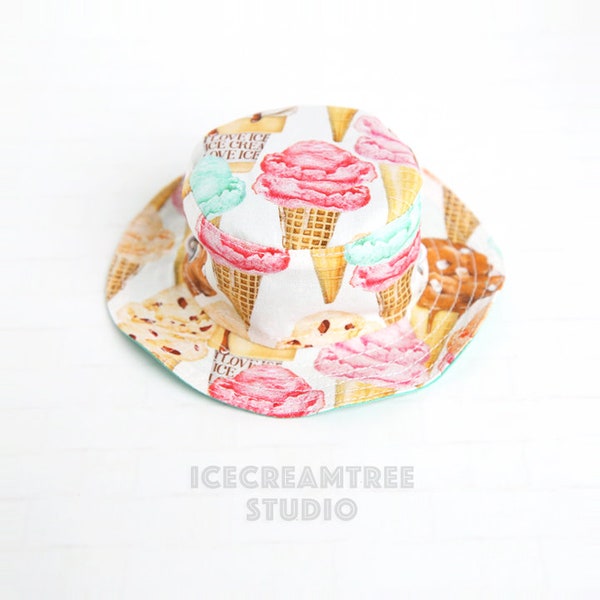 Reversible Ice Cream Bucket Hat - Pet Petite Bucket Hat, Dog Bucket Hat, Cat Bucket hat, Picnic Camping Hat, Costume, Photo Prop, Gift