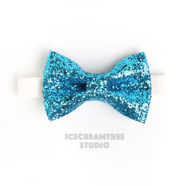 Sparkle Glitter Aqua Blue Bow Tie - Bow Tie Elastic Pet Collar, Dog Bowtie Collar, Cat Bowtie Collar, Pet Collar Necklace, Soft Elastic