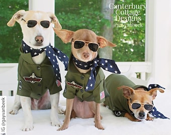 Top Gun Look Outfit Set Pet Fighter Pilot Outfit, Navy Patriotic Scarf,  Military Green Shirt, Dog Cat, Aviator, Halloween Costume Photo