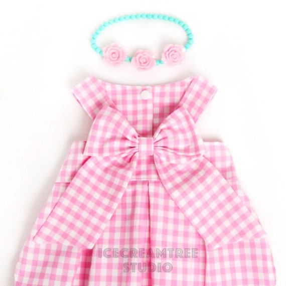 Pink Gingham Dress Outfit Set - Pet Pink Dress, Flower Necklace, Pink Visor Hat, Dog Cat Costume, Halloween Party, Cute Birthday Photo Gift