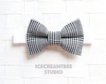 Black White Houndstooth Plaid Bow Tie - Bow Tie Elastic Pet Collar, Dog Bowtie Collar, Cat Bowtie Collar, Pet Collar Necklace, Soft Elastic