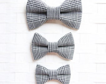 Black White Houndstooth Plaid Bow - Bow Collar Slide On, Dog Collar Bow Accessories, Cat Collar Bow Accessories, Collar Add On Bowtie