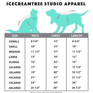 Puede incluir: Un gr&aacute;fico que muestra las tallas de ropa para perros y gatos en pulgadas. El gr&aacute;fico incluye medidas para el cuello, el pecho y la longitud. Las tallas van de XS a 6XL.