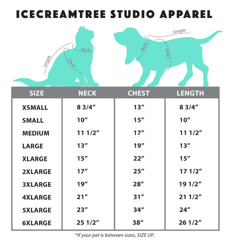Puede incluir: Un gr&aacute;fico que muestra las tallas de ropa para perros y gatos en pulgadas. El gr&aacute;fico incluye medidas para el cuello, el pecho y la longitud. Las tallas van de XS a 6XL.