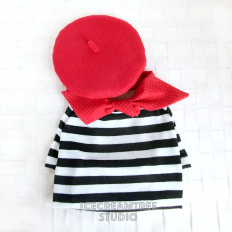 French Look Outfit Set Pet Beret Hat, Red Scarf, Black White Striped T-shirt, Cat Beret Hat Set, Dog Beret Hat Set, Birthday Photo Gift image 1