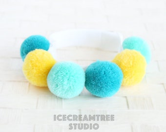 Blue Yellow PomPom Elastic Pet Collar, Pet Pom Pom Collar Necklace, Pet Head Band, Dog & Cat Neck Collar Accessories