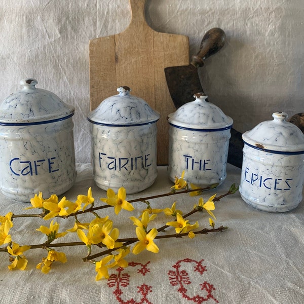 Series of enamelled spice jars, enamelled, French enamel, spices, spice jars, enamelled, chic countryside, country spirit,